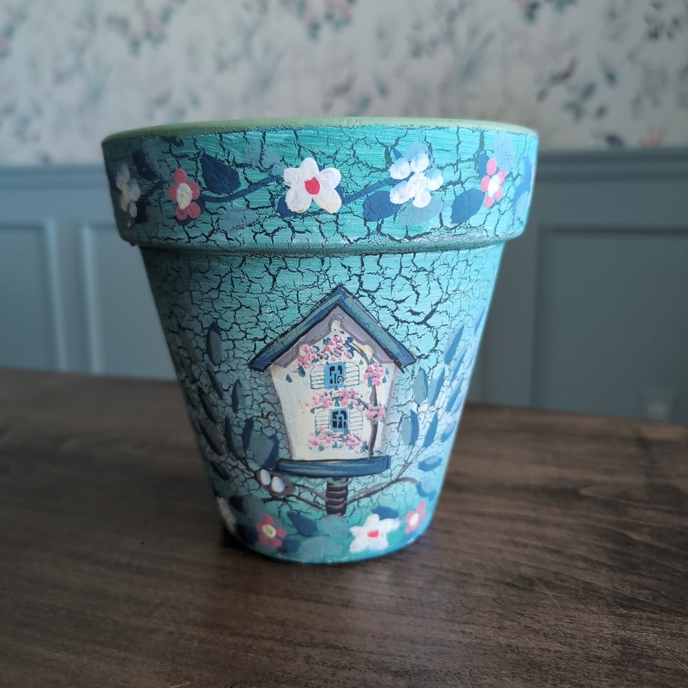 Hand Painted Birdhouse Flower Pot Teal Floral Crackle Terracotta Cottagecore
